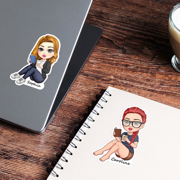 Gepersonaliseerd Cartoon Lezen Karakter Waterdicht Stickers met Naam Verjaardagscadeau voor Vrouwen Boekenwurmen Lezen Liefhebbers
