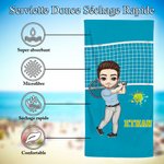 Serviette de Plage Personnalisée avec Personnage Dessin Animé et Nom Motif Tennis Badminton Pickleball Cadeau Anniversaire pour Passionnés de Sport