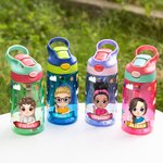 Personalised Crayon Cartoon Character 16 oz Water Bottle with Silicone Straw and Handle Back to School Birthday Holiday Gift for Boys Girls