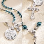 Personalized Navy Blue Pink Rosary Chalice Cross Necklace with Name and Date First Communion Baptism Gift for Christians