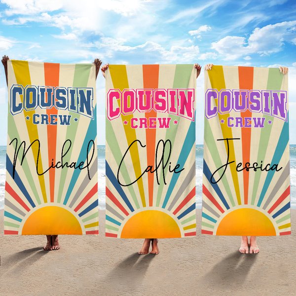 Personnalisé Cousin Crew Vintage Sunray Oversized Quick Dry Beach Towel with Name Beach Party Travel Essentials Birthday Gift for Family Cousin