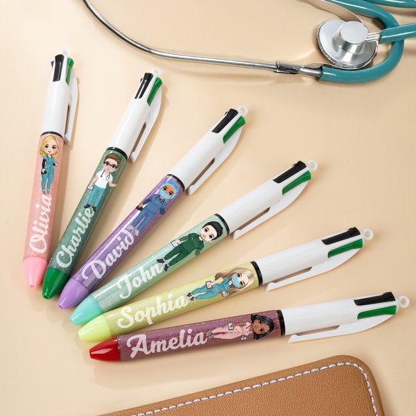 Personalised Nurse Cartoon Character Retractable Glitter Ballpoint 4-in-1 Pen with Name Nurse Week Appreciation Birthday Gift for Medical Staff