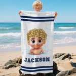 Gepersonaliseerd Schattig 3D Cartoon Zwemmen Karakter Streep Sneldrogend Oversized Strandlaken met Naam Zomer Reizen Essentieel Vakantiecadeau voor Jongens Meisjes