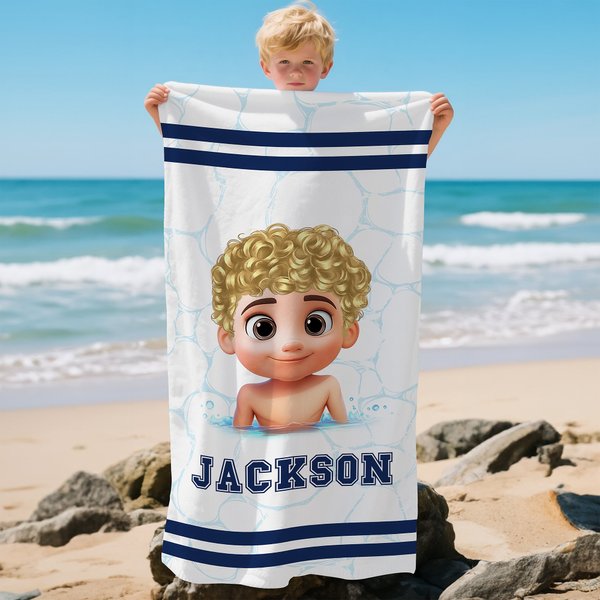 Gepersonaliseerd Schattig 3D Cartoon Zwemmen Karakter Streep Sneldrogend Oversized Strandlaken met Naam Zomer Reizen Essentieel Vakantiecadeau voor Jongens Meisjes