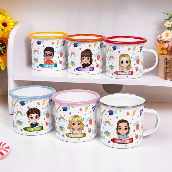 Personalised Cute Crayon Cartoon Character 12 oz Colored Rim Enamel Mug with Name Birthday Back to School Gift for Boys Girls