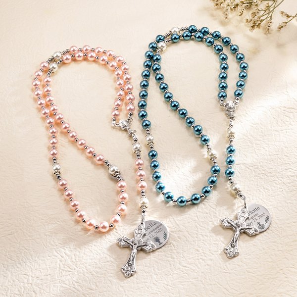 Personalized Navy Blue Pink Rosary Chalice Cross Necklace with Name and Date First Communion Baptism Gift for Christians