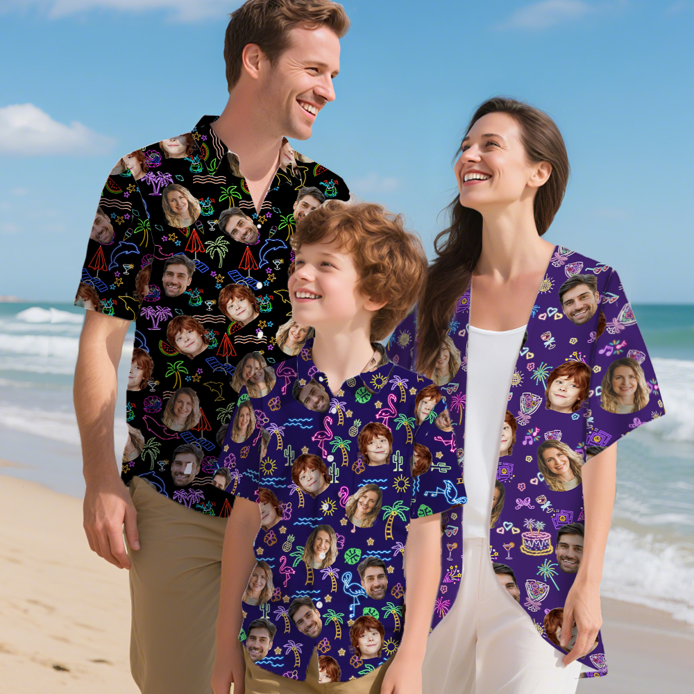 Personnalisé Dog Cat Character 1-3 Face Photos Flamingo Dolphin Shirt Set Beach Party Birthday Gift for Family Pet Lover