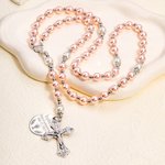 Personalized Navy Blue Pink Rosary Chalice Cross Necklace with Name and Date First Communion Baptism Gift for Christians