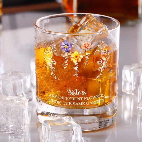 Personalized 1-8 Birth Flowers 10 oz Old Fashioned Rock Whiskey Glass with Name Birthday Anniversary Gift for Family Friends