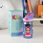 Personalised Crayon Cartoon Character 16 oz Water Bottle with Silicone Straw and Handle Back to School Birthday Holiday Gift for Boys Girls