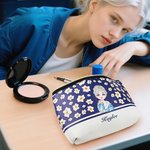 Personalized  Cartoon Girl Flying Birth Flower Portable Makeup Bag with Name Birthday Anniversary Gift for Women