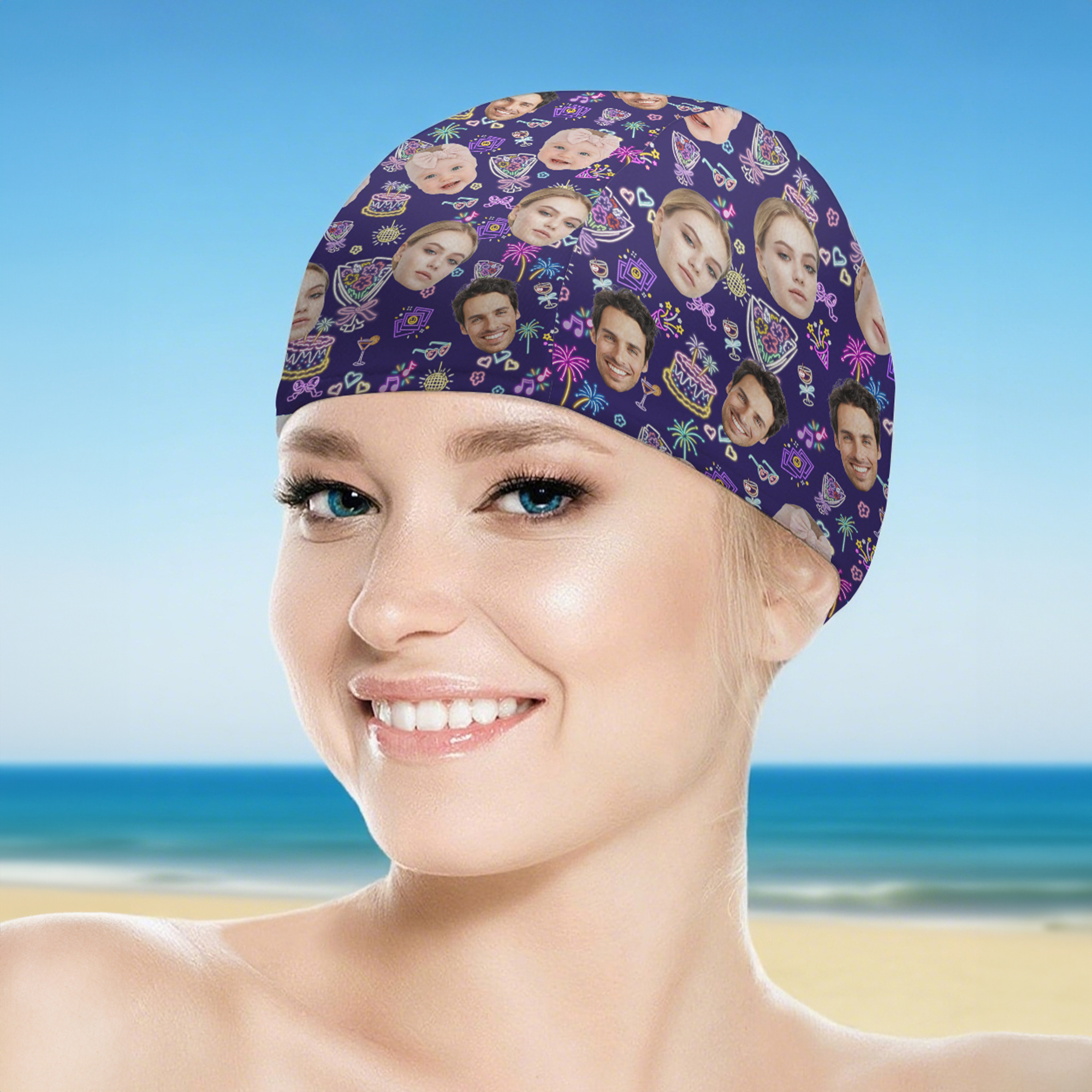 Bonnet de natation personnalisé Flamingo Dolphin Bouquet 1-3 Photos de visage Bonnet de natation confortable Accessoires de natation Cadeau d'anniversaire pour hommes femmes adultes