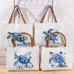 Personalisierte blaue florale Meeresschildkröte wiederverwendbare Canvas Tote Bag mit Namen und PU-Ledergriff Reise Essentials Geburtstag Geschenk für Frauen