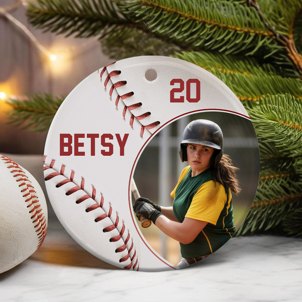 Ornement personnalisé en céramique avec photo de Softball Baseball avec nom et numéro Décoration de l'arbre Cadeau d'anniversaire pour joueur de baseball Entraîneur Amis