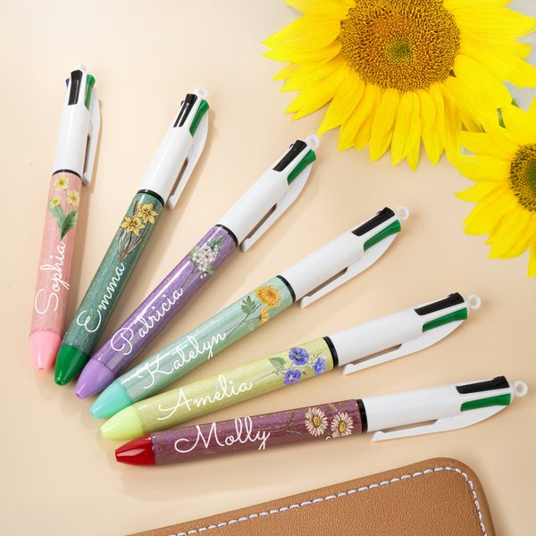 Personalised Birth Flower Retractable Glitter Ballpoint 4-in-1 Pen with Name Teacher's Day Nurse Week Appreciation Birthday Gift for Nurses Teachers