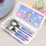 Gepersonaliseerd Schattig Cartoon Kind Veilig Roestvrij Staal Vork Lepel Mes 3 Stuks Bestek Set met Naam en Etui Terug naar School Verjaardagscadeau voor Kinderen