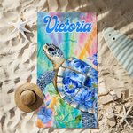 Personlig blommig sköldpadda hav snabbtorkad överdimensionerad strandhandduk med namn strandfest sommar semestergåva för vän familj