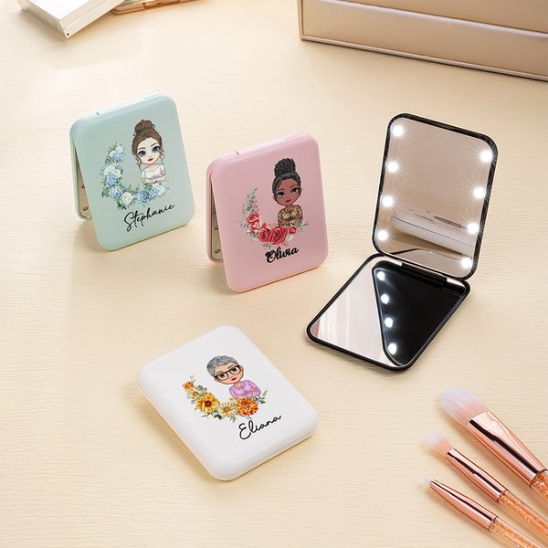 Personalized Cartoon Character Birth Flower Portable LED Double-Sided Makeup Mirror with Name Birthday Bridesmaid Gift for Women