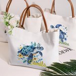 Personalisierte blaue florale Meeresschildkröte wiederverwendbare Canvas Tote Bag mit Namen und PU-Ledergriff Reise Essentials Geburtstag Geschenk für Frauen