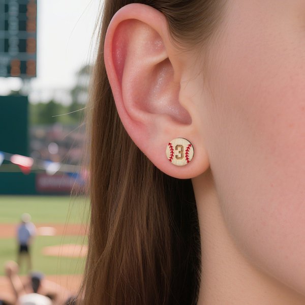 Personalised Baseball Wooden Sterling Silver Stud Earrings with Engraved Number Baseball Game Day Birthday Gift for Baseball Lover