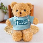 Personalised Cross God Bless Plush Teddy Bear Stuffed Toy with Name Religious Baptism First Communion Gift for Boys Girls