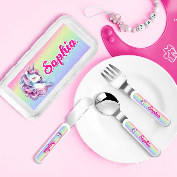 Personalised Fantasy Unicorn Safe Stainless Steel Multicolor Fork Spoon Knife 3 Pcs Cutlery Set with Case Back to School Birthday Gift for Kids