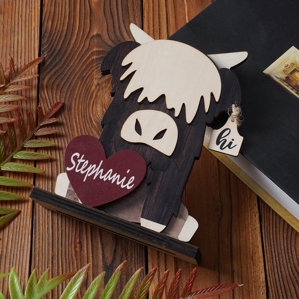 Personalized Funny Love Highland Cow Shelf Sitter with Name Desk Decor Birthday Gift for Highland Cow Lovers