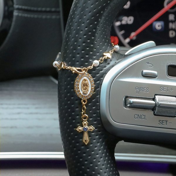 Personalized Heart Zircon Virgin Mary Steering Wheel Rosary Charm with Cross and Birthstone Car Decor Communion Baptism Religious Gift for Christians