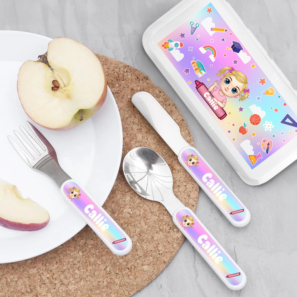 Set de couverts 3 pièces en acier inoxydable avec nom et étui Cadeau d'anniversaire de rentrée scolaire pour les enfants