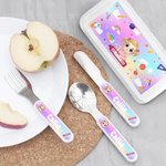 Gepersonaliseerd Schattig Cartoon Kind Veilig Roestvrij Staal Vork Lepel Mes 3 Stuks Bestek Set met Naam en Etui Terug naar School Verjaardagscadeau voor Kinderen