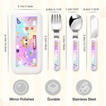 Gepersonaliseerd Schattig Cartoon Kind Veilig Roestvrij Staal Vork Lepel Mes 3 Stuks Bestek Set met Naam en Etui Terug naar School Verjaardagscadeau voor Kinderen