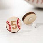 Personalized Baseball Wooden Sterling Silver Stud Earrings with Engraved Number Baseball Game Day Birthday Gift for Baseball Lover