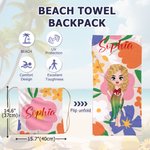 Personalized  2 in 1 Floral Cartoon Character Quick Dry Oversized Backpack Beach Towel with Name Beach Party Travel Birthday Gift for Women Men