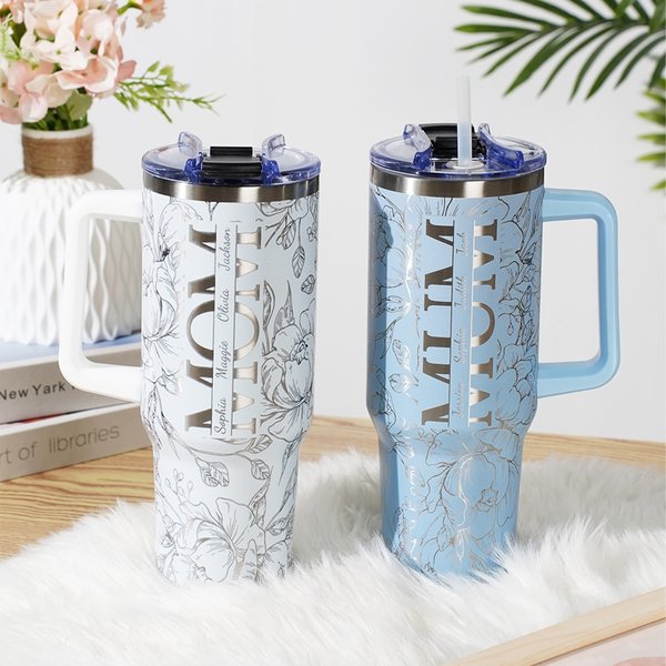 Personalized Multicolor Floral Mom 40 oz Tumbler with 1-8 Names and Straw Travel Accessories Mother's Day Birthday Gift for Mother Grandma