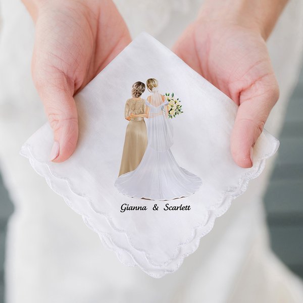 Personalized Cartoon Bride and Mom 100% Cotton Handkerchief with Names and Text Wedding Anniversary Gift for Mom Bride