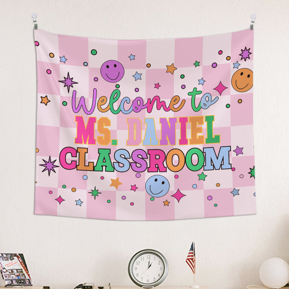 Tapisserie personnalisée Bienvenue à l'école avec nom Décoration mignonne de la salle de classe Cadeau de rentrée pour les enseignants