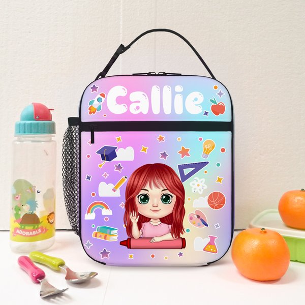 Personalisierte Cartoon-Charakter Briefpapier Elemente isolierte Lunch Bag mit Namen Portable Picknick zurück zu Schule Geschenk für Jungen Mädchen
