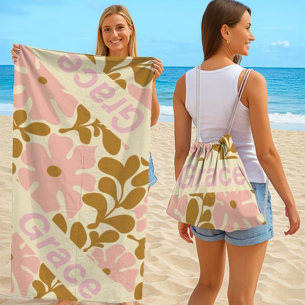 Serviette de Plage Pliable Personnalisée avec Nom et Fleur Danoise Accessoire à Séchage Rapide Sac de Plage Cadeau Anniversaire Voyage pour Femme