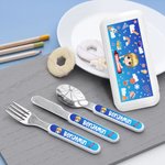 Gepersonaliseerd Schattig Cartoon Kind Veilig Roestvrij Staal Vork Lepel Mes 3 Stuks Bestek Set met Naam en Etui Terug naar School Verjaardagscadeau voor Kinderen