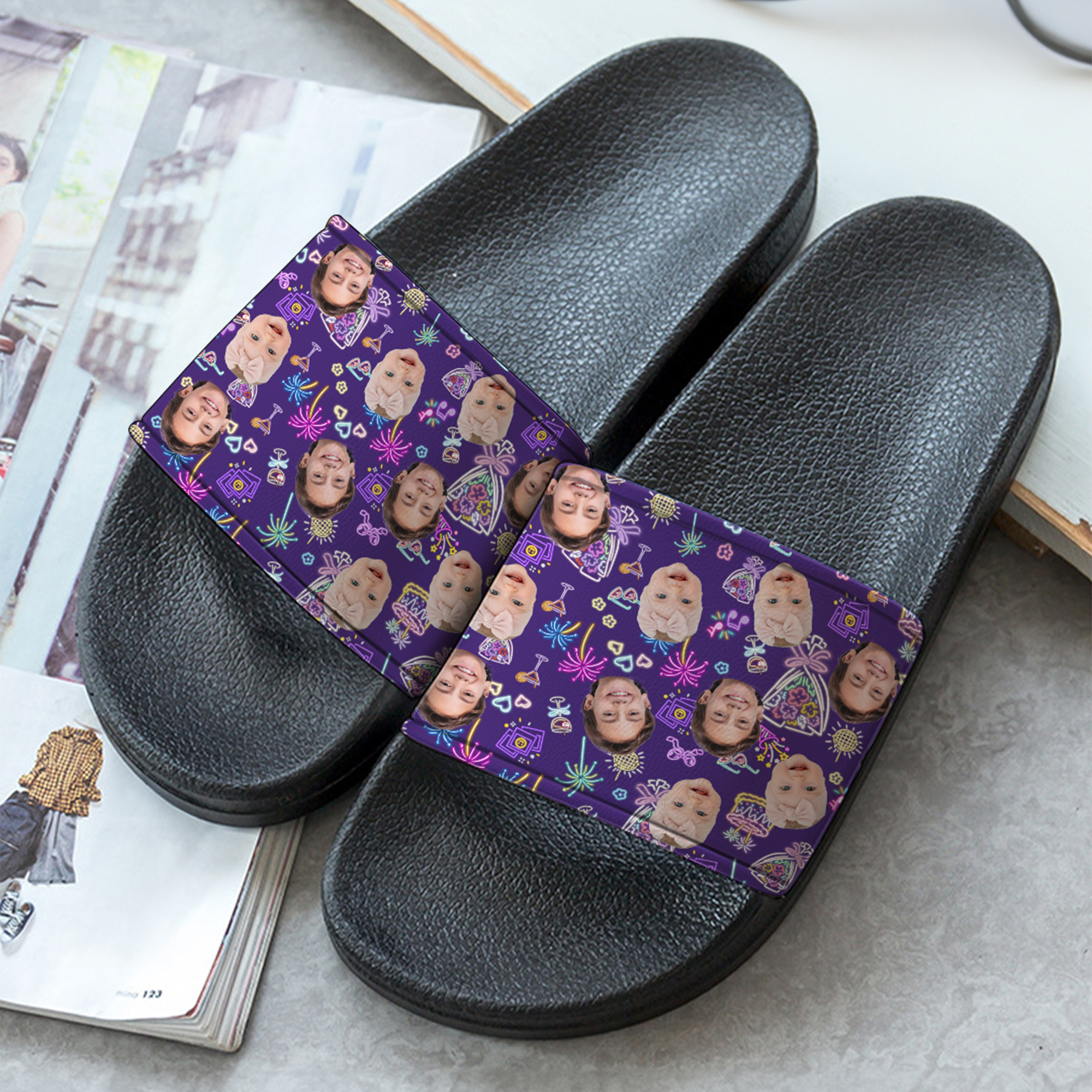 Personnalisé 1-3 Photos de visage Chaussons PVC Fluorescent Articles de maison Cadeau d'anniversaire pour les propriétaires d'animaux de compagnie Amis