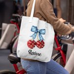 Personalized Flag Bow Cherry Large Canvas Tote Bag with Name Appreciation Patriotic 4th of July Independence Day Gift for American