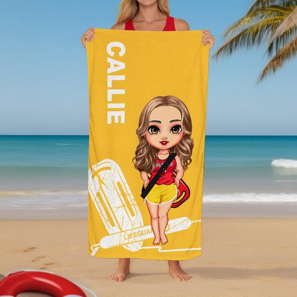 Asciugamano da spiaggia personalizzato con nome Cartoon Lifeguard Quick Dry Attività all'aperto Regalo estivo essenziale per il bagnino