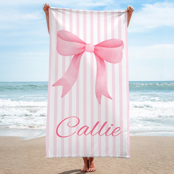 Personalised Pink Coquette Bow Stripes Quick Dry Oversized Beach Towel with Name Travel Essentials Summer Vacation Birthday Gift for Women