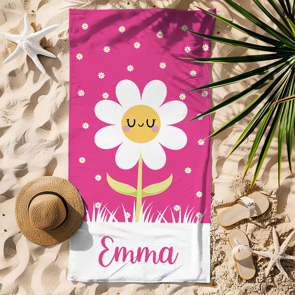 Serviette de Plage Personnalisée avec Motif Marguerite Colorée et Nom Accessoire d’Été Séchage Rapide Cadeau d’Anniversaire pour Garçons Filles