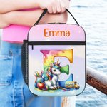 Personalised Fantasy Unicorn Cartoon Initial Insulated Lunch Bag with Name Daily Travel Back to School Birthday Gift for Boys Girls