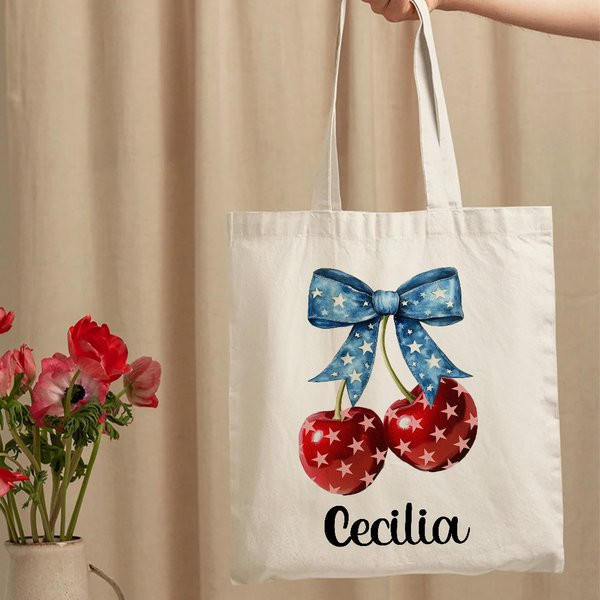 Personalized Flag Bow Cherry Large Canvas Tote Bag with Name Appreciation Patriotic 4th of July Independence Day Gift for American