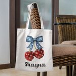 Personalized Flag Bow Cherry Large Canvas Tote Bag with Name Appreciation Patriotic 4th of July Independence Day Gift for American