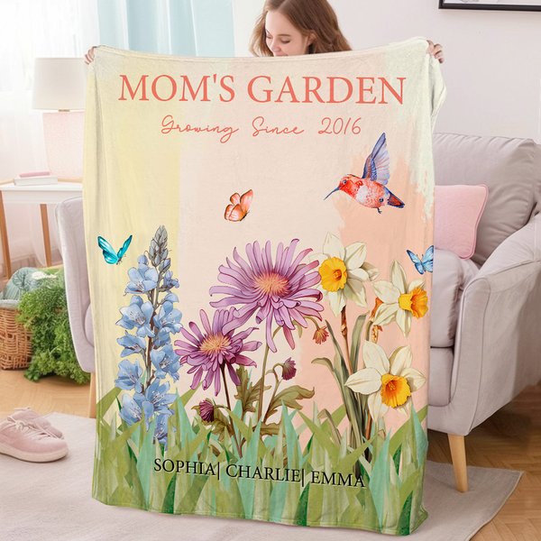 Personlig mormors trädgård 2-15 födelseblommor mjuk plädfilt med namn titel år heminredning födelsedag jubileumsgåva till mamma mormor