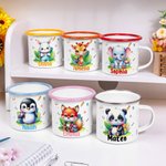Personalized Cartoon Rabbit Panda Animal 12 oz Colored Rim Enamel Mug with Name Birthday Travel Gift for Boys Girls