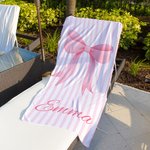 Personalized Pink Coquette Bow Stripes Quick Dry Oversized Beach Towel with Name Travel Essentials Summer Vacation Birthday Gift for Women